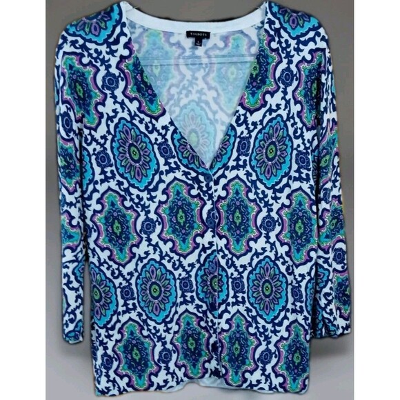 Talbots Women’s L Paisley Cardigan Blue Purple 3/4 Sleeve V-Neck Button Sweater - Picture 1 of 6